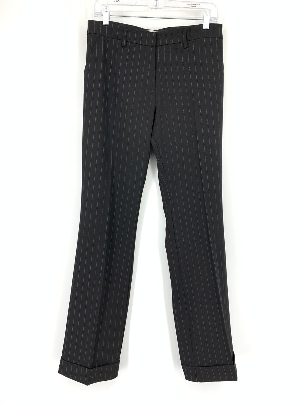 Kookai Straight Leg Dress Pants Womens Size 38 US M Black Pinstripe Cuffed Hem